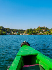 View over the Lake Peten Itza towards San Miguel, Flores, Peten Department, Guatemala