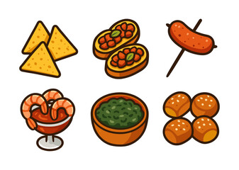 Flat style appetizers set: nachos, bruschetta, sausage, shrimp, spinach dip, pretzel rolls