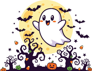 Halloween ghost illustration, spooky bats, full moon background, haunted trees, pumpkins, candy corn, festive night, stars, magical scene, celebration