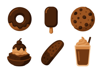 Assorted sweet treats: donut, ice cream, cookie, popsicle, biscotti, milkshake