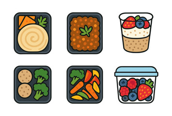 Colorful meal prep containers with fruits and vegetables in flat design