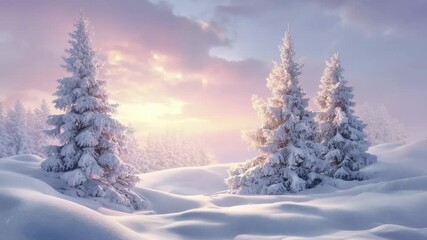 A serene winter landscape with snow-covered hills and evergreen trees under a pastel-colored sunrise or sunset sky The low sun casts a warm glow on the clouds and frosted branches - Powered by Adobe