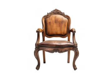 Antique wooden armchair vintage style ornate carved details furniture design interior decor isolated on transparent background
