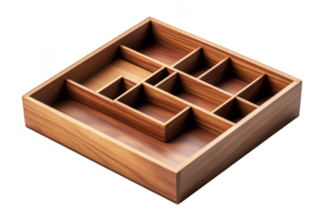 Wooden organizer box with compartments, craft storage container, desk tidy, home organization, brown wood, isolated on transparent background