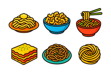Colorful collection of various pasta dishes in modern flat style