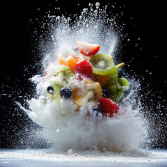 Fresh fruits splashing in water with droplets and bubbles