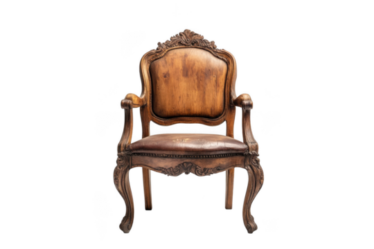 Antique wooden armchair vintage style ornate carved details furniture design interior decor isolated on transparent background
