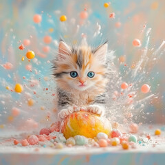 Cute fluffy kitten playing with a red ball