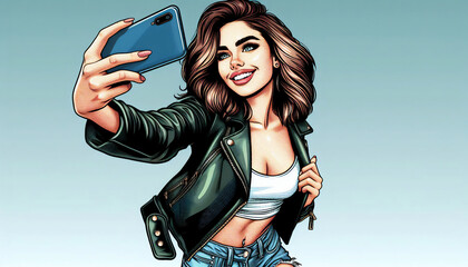 Obraz premium smiling woman in a leather jacket and denim shorts taking a selfie with a smartphone. Generative ai raster colorful pop art illustration.