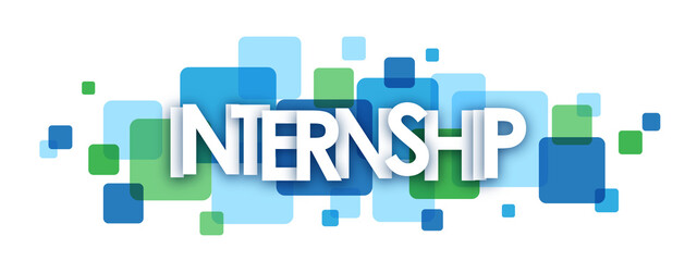 INTERNSHIP white typography banner with blue and green overlapping squares on transparent background