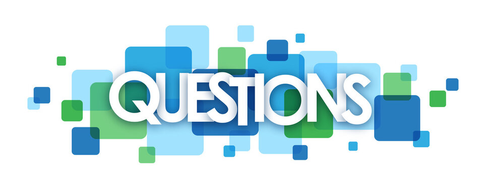 QUESTIONS white typography banner with blue and green overlapping squares on transparent background