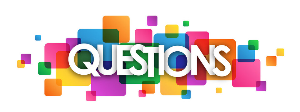 QUESTIONS white typography banner with colorful overlapping squares on transparent background