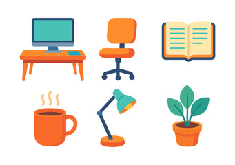 Modern office essentials: desk, chair, computer, book, lamp, plant, coffee cup