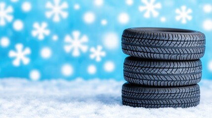 Winter tire arrangement on snowy road background with space for text for car workshop advertising or racing events