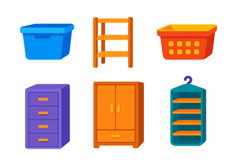 Colorful storage furniture set featuring bins, drawers, and wardrobes in a flat design