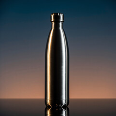 Stainless Steel Water Bottle on Reflective Surface with Gradient Background