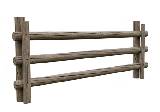 Rustic wooden fence illustration, countryside barrier, farm fencing, ranch boundary, garden border, wood railing, log structure, isolated on transparent background
