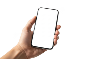 Hand holding smartphone mockup template with blank white screen for app presentation and ui design, isolated on transparent background