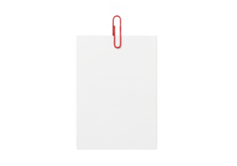 White paper sheet with red paperclip, memo, note, reminder, message, office supply, stationery isolated on transparent background