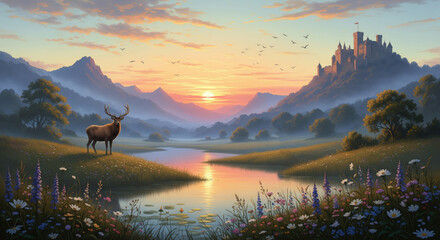 Deer by River with Sunset, Mountains, and Distant Castle