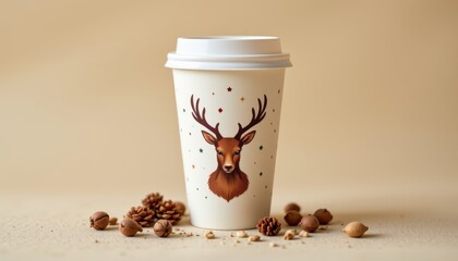 White takeaway coffee cup featuring a festive deer illustration and scattered pinecones on a neutral surface