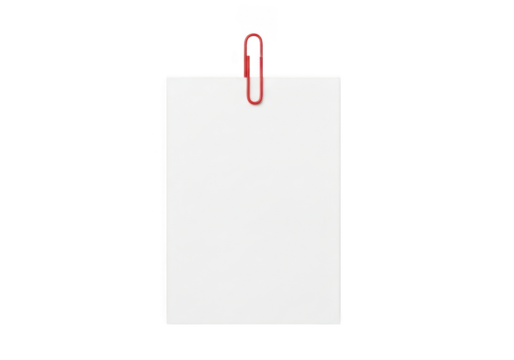 White paper sheet with red paperclip, memo, note, reminder, message, office supply, stationery isolated on transparent background