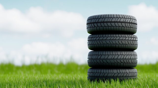 Stack of new tires on the roadside with lush green grass and stunning landscape in the background creating a car service atmosphere