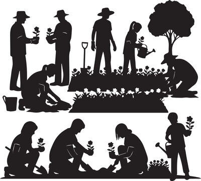 Diverse group of people working together planting flowers and gardening for international volunteer day celebration