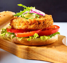 Lachsburger mit Tomate Gurke und Salat auf Holzbrett, Fischburger, Tomaten, Burger, Fast Food, 
