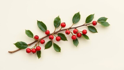 Bright red berries and glossy green holly leaves arranged on a slender brown branch against a light background