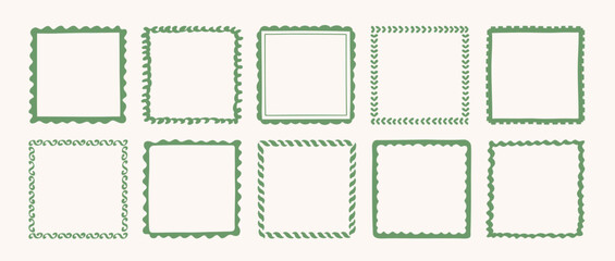 Set of hand drawn frames and borders with wave, curve lines, doodles, decorative patterns. Whimsical frames for holiday design, wedding, birthday party, greeting cars, invitation. Vector illustration.