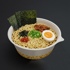 Instant Ramen Bowl with Egg, Seaweed, Green Onions, and Spices, Japanese Noodle Soup, Asian Comfort Food, Ready-to-Eat Meal, Spicy Instant Noodles, Overhead View, Fast and Flavorful Snack