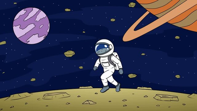Astronaut Walking In Moon With Planets