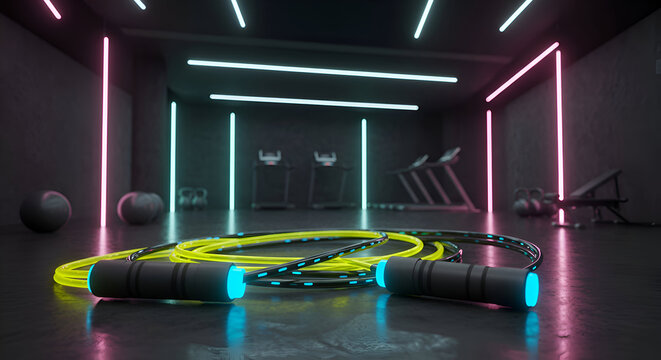 Neon-lit gym equipment with a vibrant skipping rope. Modern fitness center with cardio machines and weights.