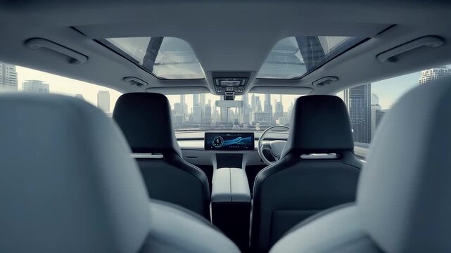 Luxury Car Interior with Panoramic Glass Roof White Leather Seats and Central Touchscreen in Modern Vehicle Cabin