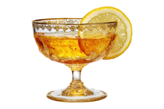 Ornate glass bowl drink, gold trim, lemon slice
