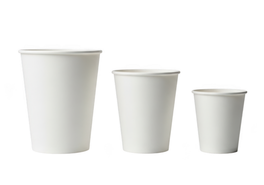 Three white paper cups different sizes mockup disposable drink container coffee tea hot cold beverage isolated on transparent background