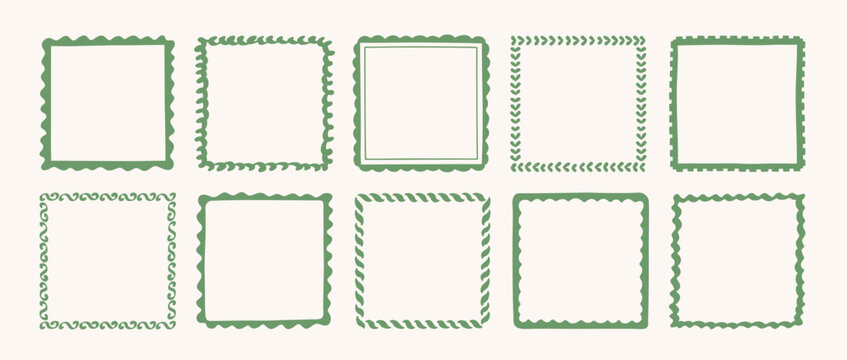 Set of hand drawn frames and borders with wave, curve lines, doodles, decorative patterns. Whimsical frames for holiday design, wedding, birthday party, greeting cars, invitation. Vector illustration.