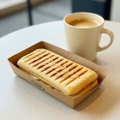 Grilled Panini Sandwich with Coffee on Cafe Table, Casual Breakfast or Lunch Setting, Cozy Morning Meal, Warm Pressed Sandwich and Hot Beverage, Minimalist Food Styling, Light and Airy Ambience