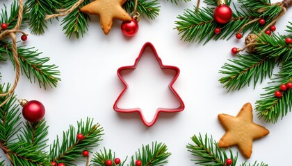 Festive holiday flat lay featuring pine branches star cookies red ornaments and a cookie cutter