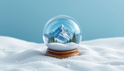 Glass snow globe containing a majestic snowy mountain and evergreen trees resting on white snow