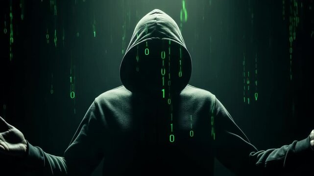 Mysterious figure in dark hoodie sits at computer, illuminated by green binary code, creating an atmosphere of secrecy and intrigue in the digital world of hacking and cybersecurity	