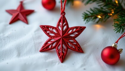 Close up of a red six pointed star ornament resting on a white textured surface near pine needles