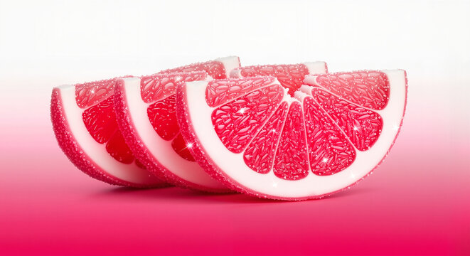 Sliced pink pomelo made of layered gummy candy with glossy surface - Fruits made from gummy candies