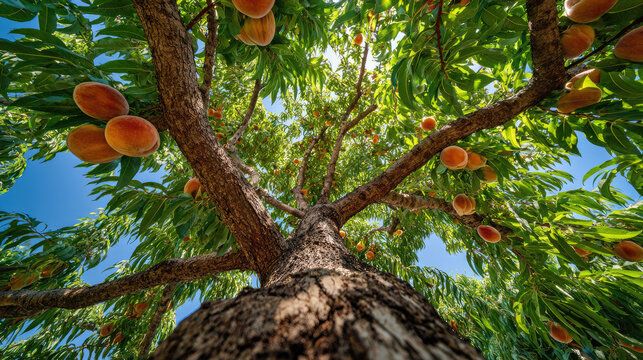 Looking up at ripe peaches hanging from leafy tree branches - Powered by Adobe