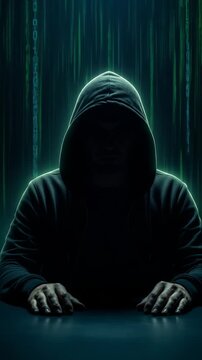 Mysterious figure in dark hoodie sits at computer, illuminated by green binary code, creating an atmosphere of secrecy and intrigue in the digital world of hacking and cybersecurity	