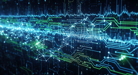 Futuristic technology background with digital signal processing and interconnected neural network nodes