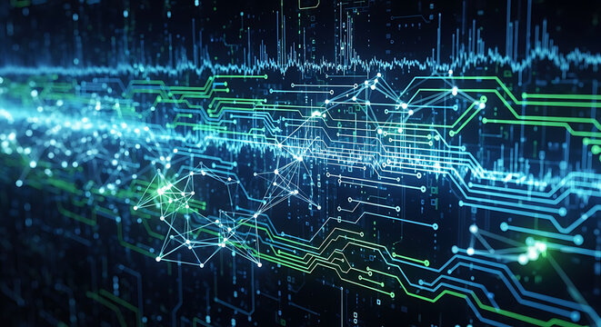 Futuristic technology background with digital signal processing and interconnected neural network nodes - Powered by Adobe