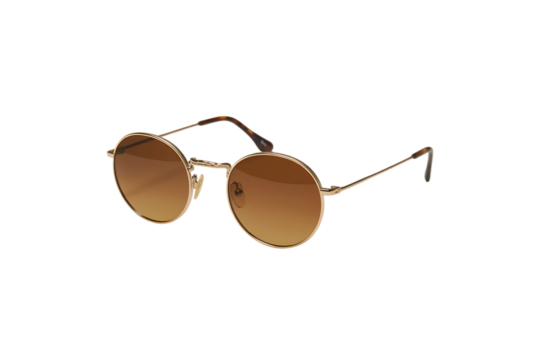 Stylish round sunglasses with golden frame and gradient brown lenses on a white background.