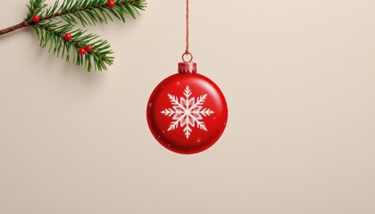 Red Christmas ornament with white snowflake hangs below green pine branch with small red berries